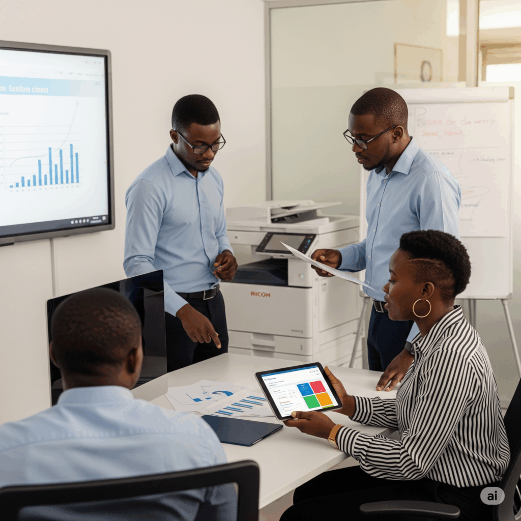 A diverse team of Zambian professionals collaborating in a modern Repro Ltd office, using an interactive whiteboard and tablets to achieve digital transformation.