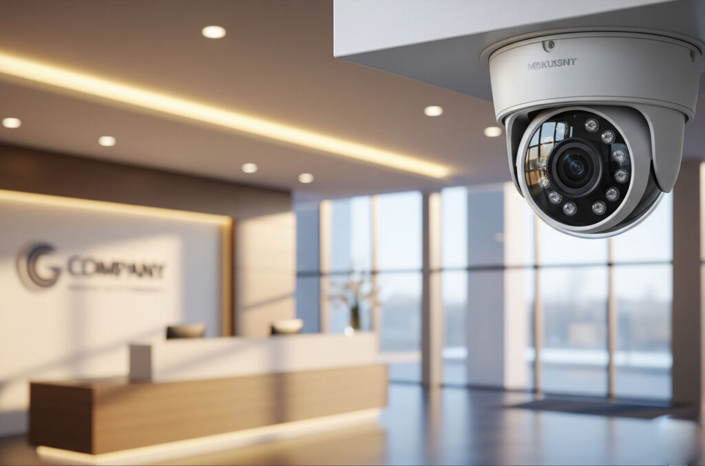 A modern, high-definition dome CCTV camera installed by Repro Ltd in the corner of a professional Lusaka office, providing a secure surveillance solution.