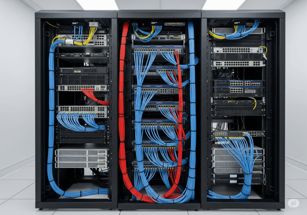 Perfectly organized server rack at a client site in Lusaka, showcasing Repro Ltd's professional network infrastructure and meticulous cable management services.