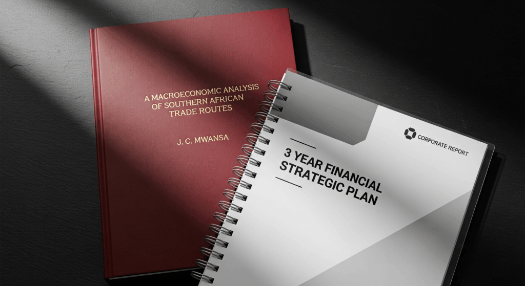 A wire-bound report next to a hardcover dissertation, demonstrating Repro's expert professional printing and book binding in Zambia.