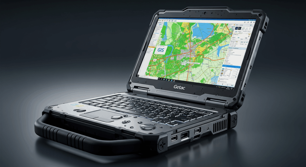 A studio shot of a durable, open Getac rugged laptop, showcasing its reinforced corners, sealed keyboard, and a detailed engineering diagram on its bright screen.