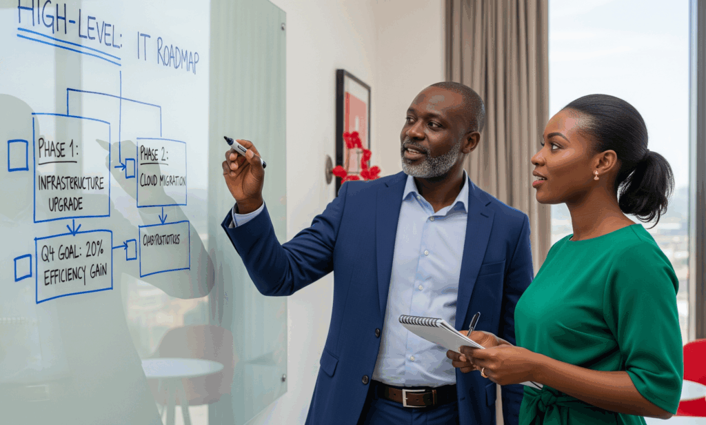 A senior Repro specialist and a Zambian business owner collaborating on a strategic IT roadmap on a glass whiteboard, demonstrating Repro's IT consulting and digital transformation planning services in Lusaka.