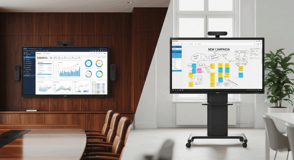 A split-image showcasing a Ricoh interactive whiteboard from Repro Ltd, wall-mounted in a professional Lusaka boardroom on the left, and on a mobile stand in a creative office on the right.