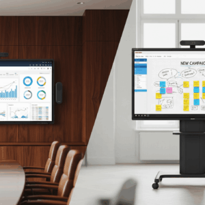 A split-image showcasing a Ricoh interactive whiteboard from Repro Ltd, wall-mounted in a professional Lusaka boardroom on the left, and on a mobile stand in a creative office on the right.