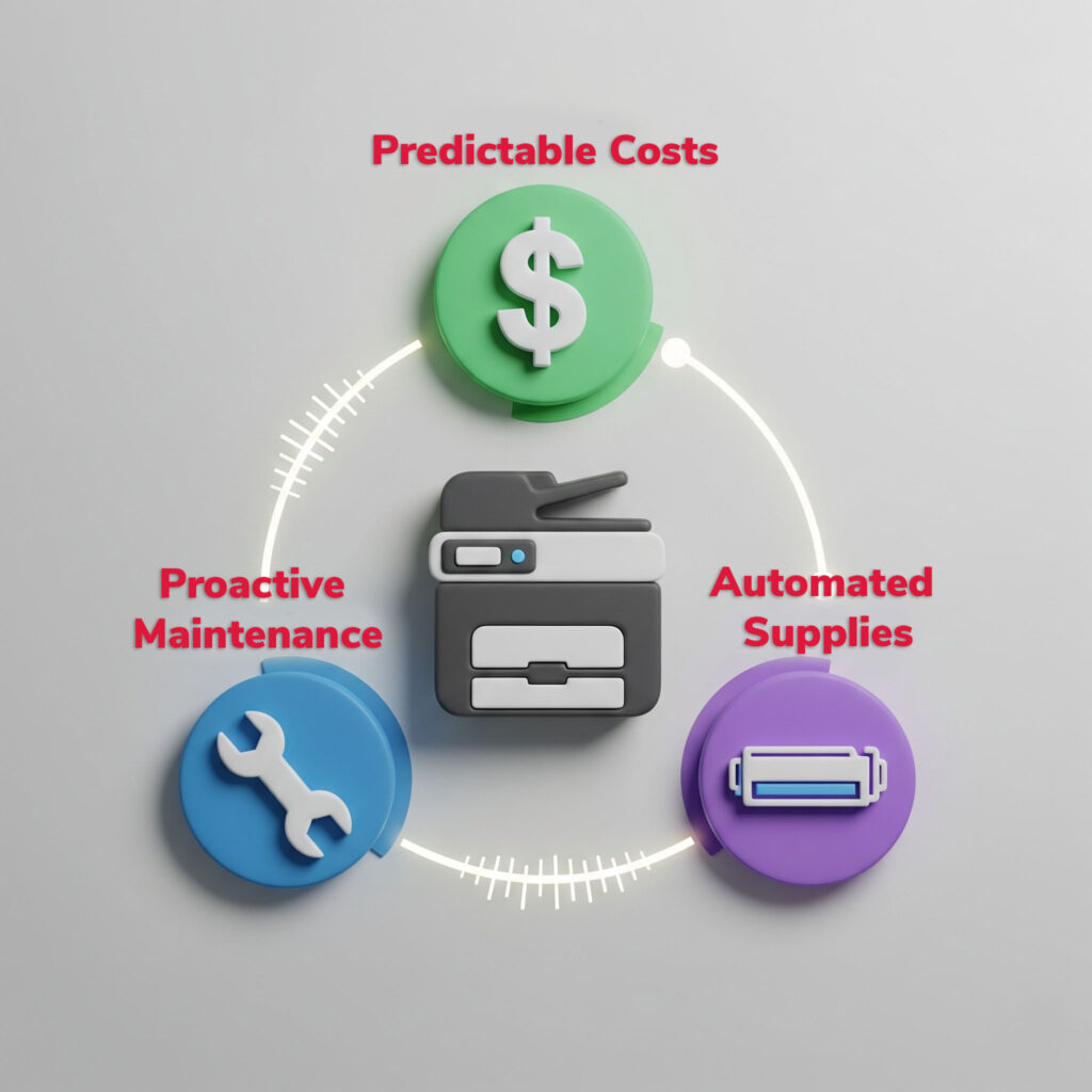 A friendly, uniformed Repro Ltd technician providing expert printer service on a Ricoh multifunction printer in a modern Lusaka office.