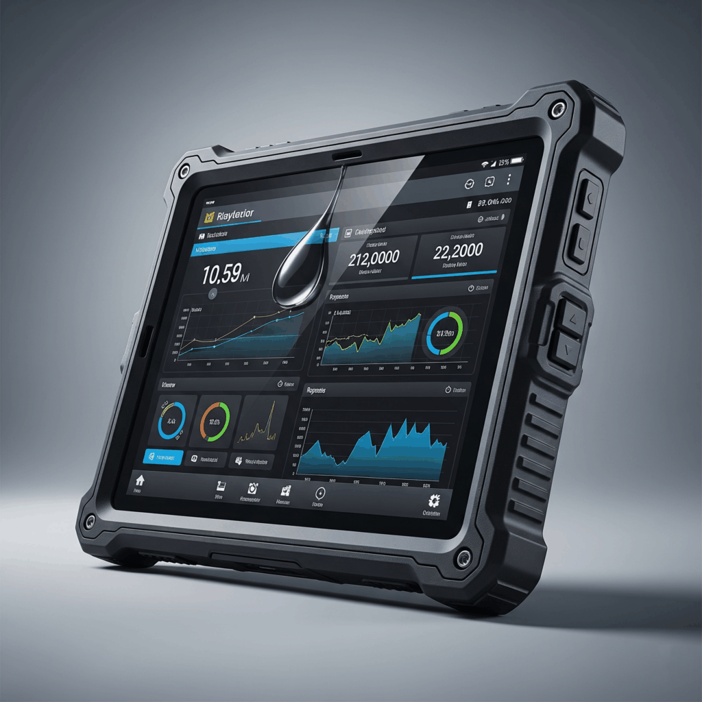 A studio shot of a modern, durable rugged tablet from Repro Ltd, featuring a protective casing and a data dashboard on screen, designed for industrial use in Zambia.