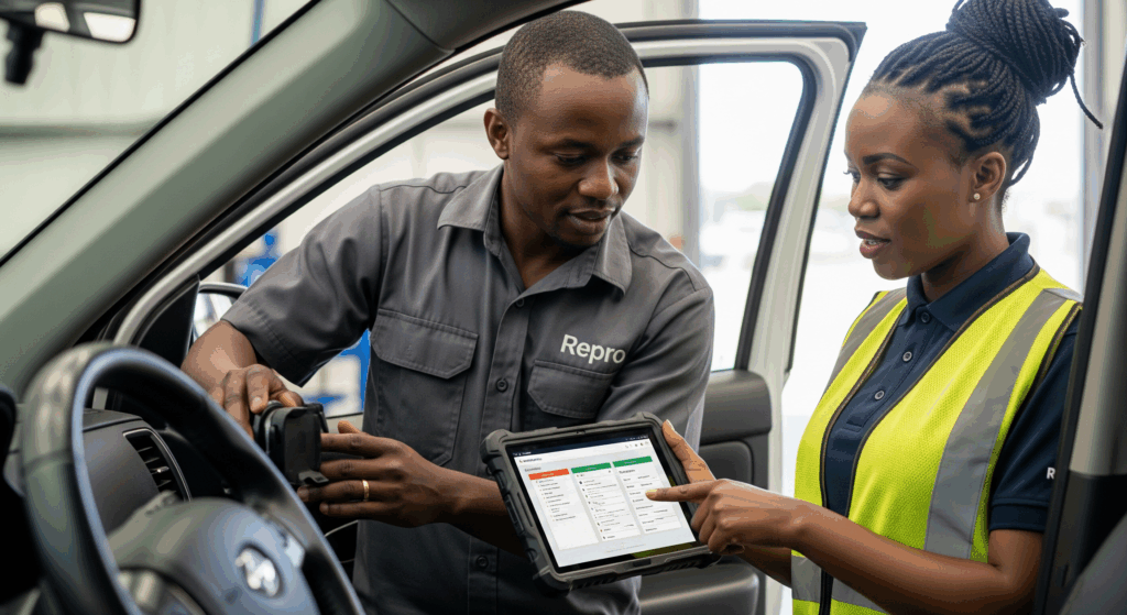 A uniformed Repro technician providing expert on-site support, assisting a Zambian client manager with the installation of a rugged tablet in a vehicle at an industrial site.