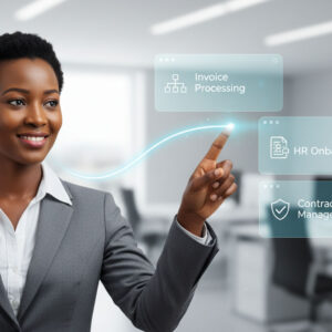 A professional Repro consultant in Zambia presenting the benefits of Docuware's workflow automation on a futuristic digital interface, demonstrating Repro's status as an official Docuware partner.