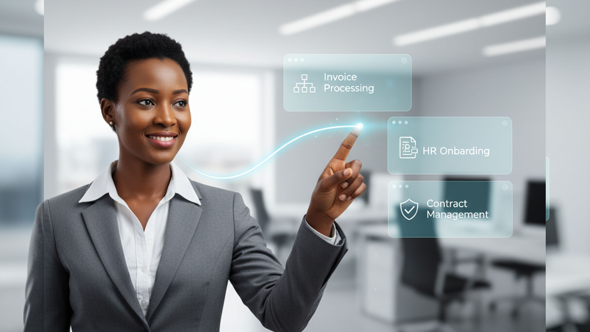 DocuWare Kinetic (General) A professional Repro consultant in Zambia presenting the benefits of Docuware's workflow automation on a futuristic digital interface, demonstrating Repro's status as an official Docuware partner.