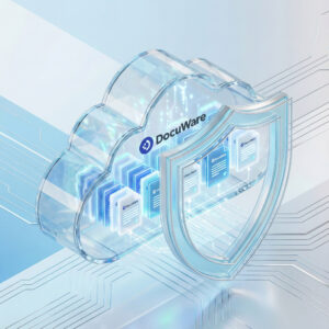 A futuristic illustration of a secure cloud archive representing the DocuWare document management system.