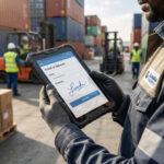 A driver using a tablet for logistics document management and proof of delivery.