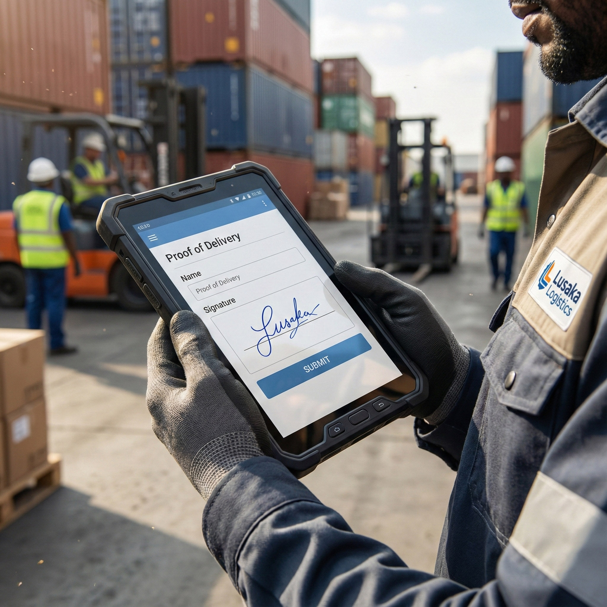 DocuWare for Logistics Document Management A driver using a tablet for logistics document management and proof of delivery.