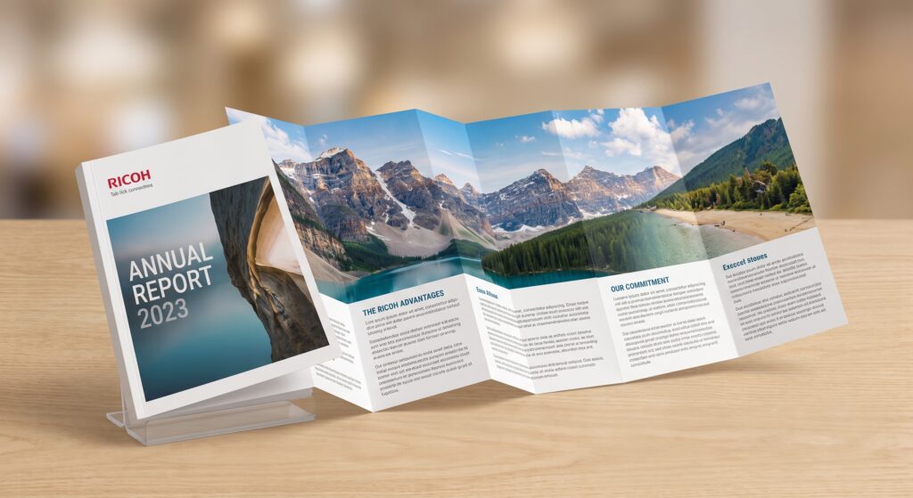 Panoramic 6-panel brochure fanned open showing extended banner-length printing