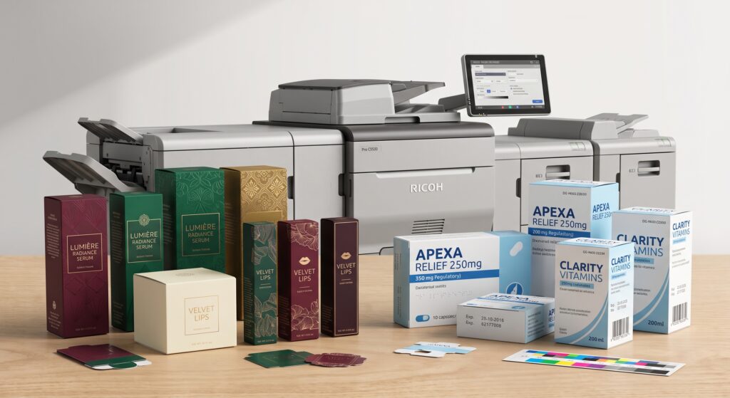 Sample folding cartons for cosmetics and pharmaceutical packaging, printed on heavy board