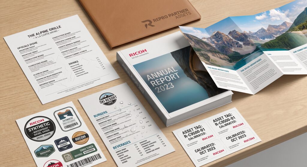 Waterproof synthetic media samples including menus and label sheets