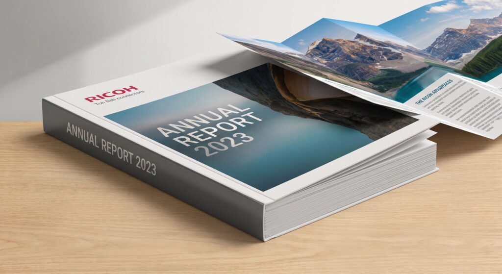 Square-spine, face-trimmed annual report booklet
