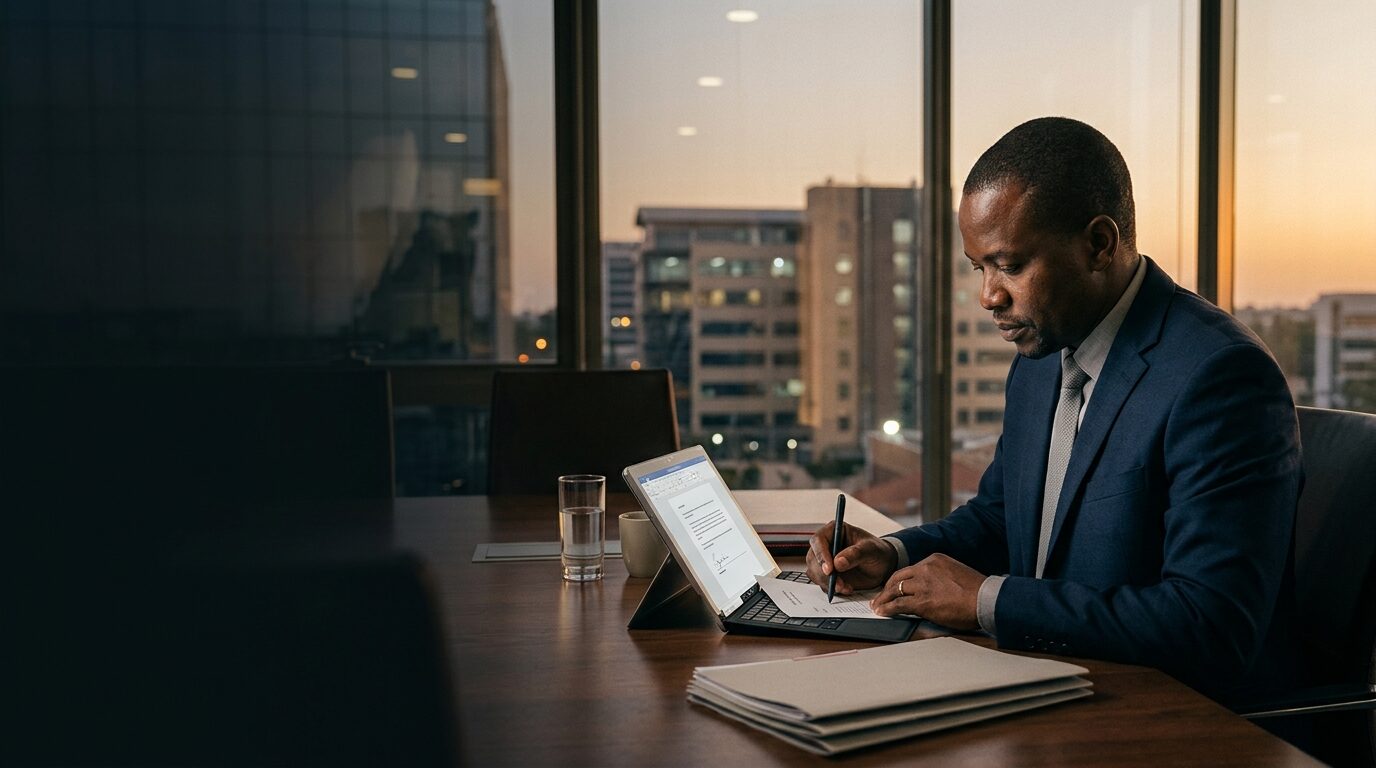 Zambian corporate executive reviewing and signing an agreement on a tablet in a contemporary Lusaka commercial office