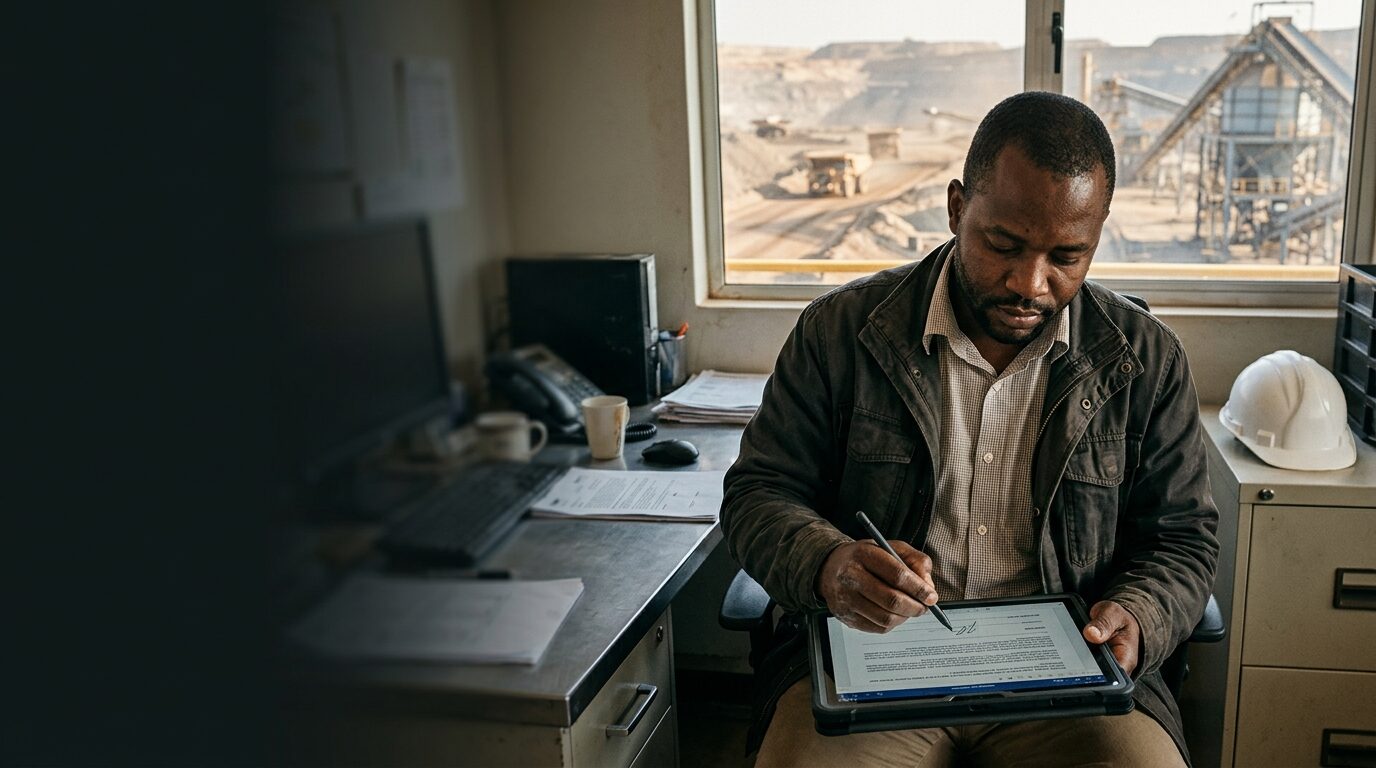 Zambian industrial operations manager executing a commercial contract on an enterprise tablet in Solwezi
