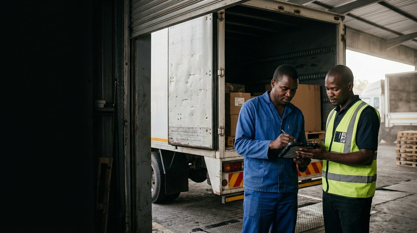 Zambian freight truck driver and receiving supervisor confirming delivery on a rugged tablet at a commercial loading bay